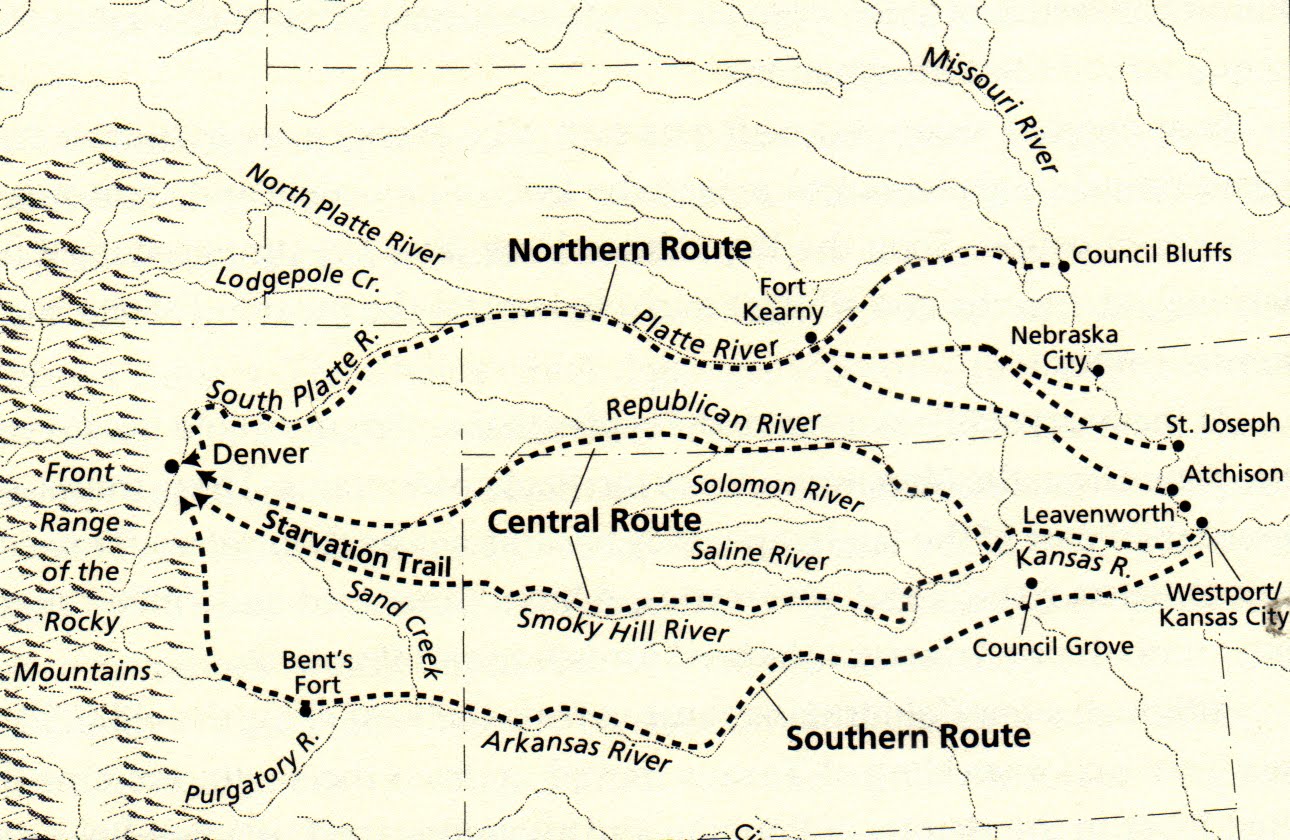 Pike Peak Gold rush map Map showing the routes used to get to the Pikes Peak gold fields through Kansas.