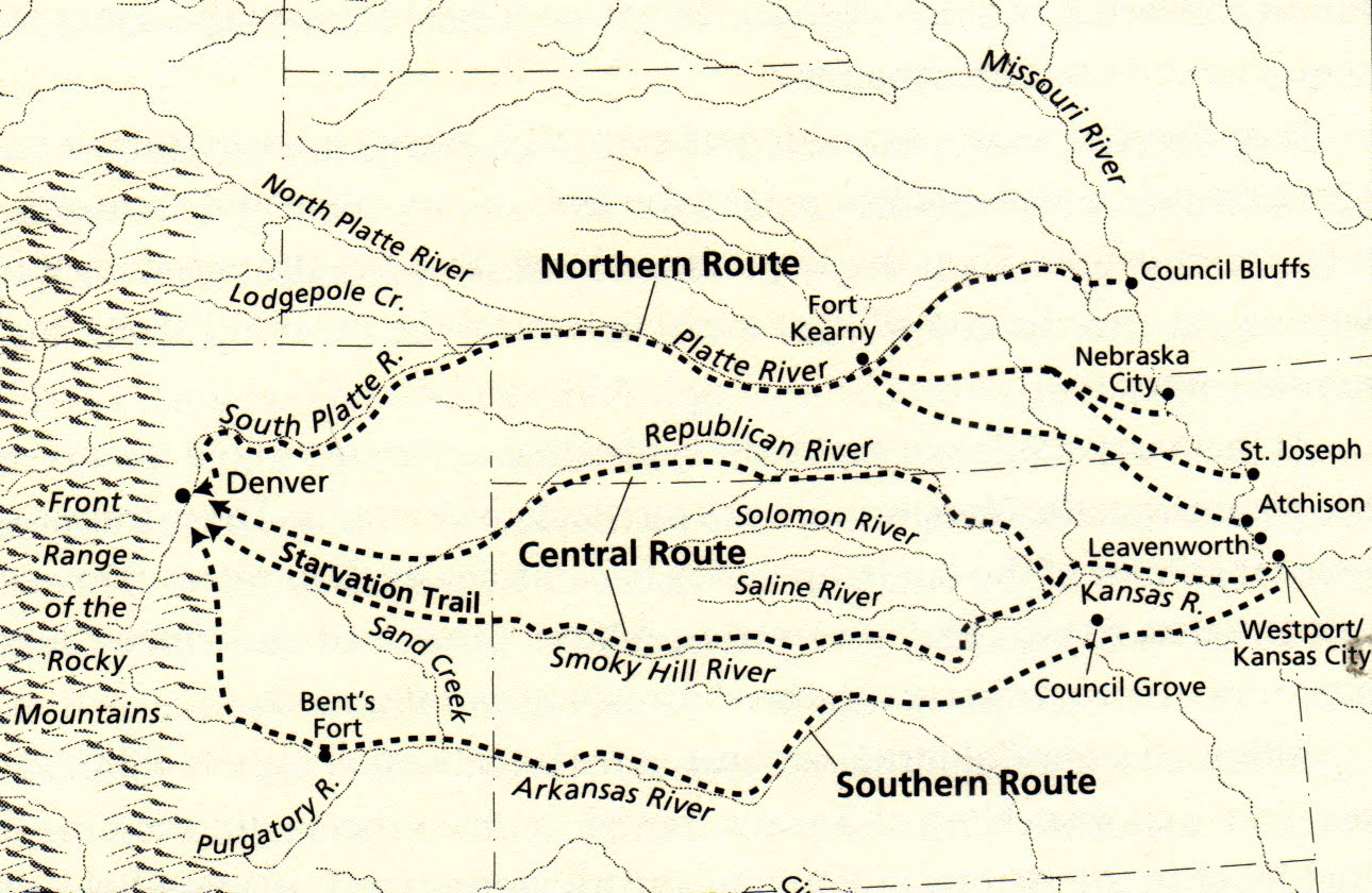 Map showing the routes used to get to the Pikes Peak gold fields through Kansas.