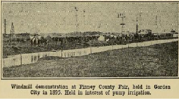 Windmill demonstration at Finney County Fair, held in Garden City in 1S95. Held in interest of pump irrigation